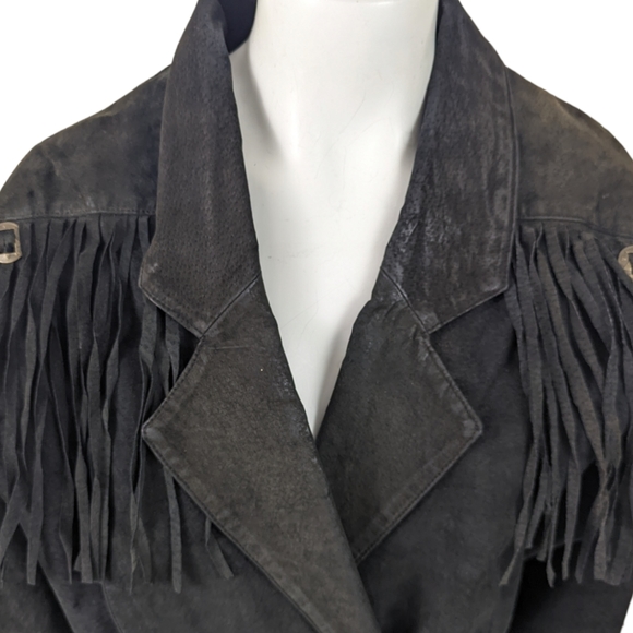 Vintage 80s Fringe Leather Jacket Western Womens Black Distressed - Picture 2 of 14